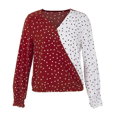 

Fashion New Stitching Color Wave Point Long-sleeved Shirt Casual Shirt V-neck Top