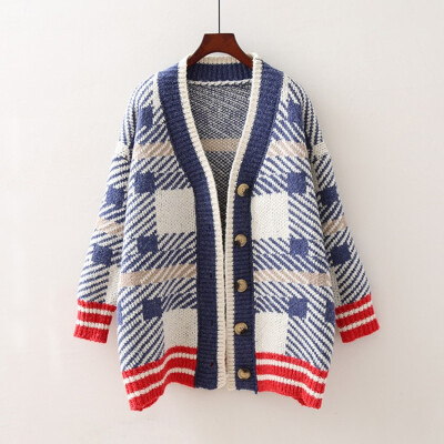 

2018 autumn new Korean loose sweater cardigan womens long v-neck matching color checked fashion coat knitted sweater