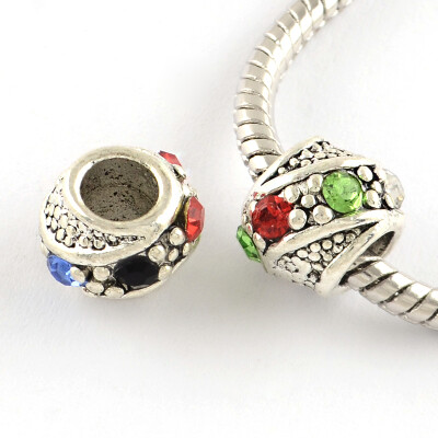 

Barrel Antique Silver Plated Metal Alloy Rhinestone European Beads Large Hole Beads Colorful 1011x9mm Hole 5mm