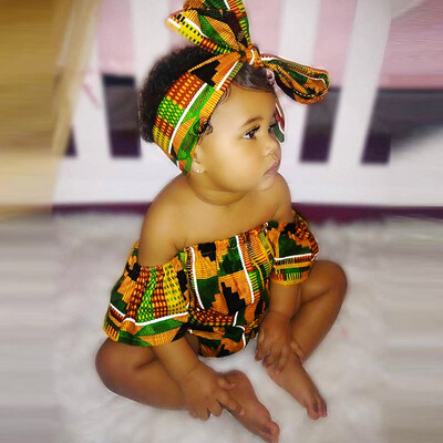 

Toddler Baby Girls African Print Off Shoulder Romper Hair Band Bodysuits Clothes