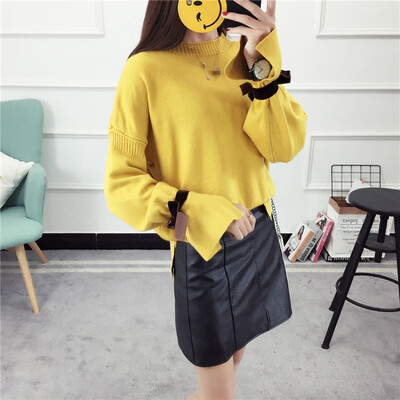 

Sweater Women Casual Slim Autumn Spring Knitted Sweater Lace Up Flare Long Sleeve Ruffle Knitting Pullover Female Sweaters