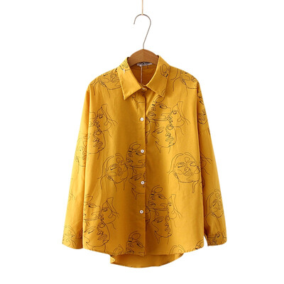 

Female Cotton Face Printing Full Sleeve Lapel Shirts Women Tops Ladies Clothing blusa feminina New Autumn Blouse Shirt