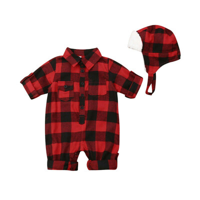 

Newborn Kids Baby Boy Girl Xmas Clothes Plaid Romper Jumpsuit Hat Warm Outfit Christmas Gift
