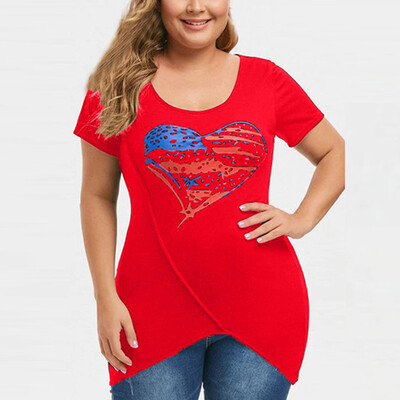

Roseonmyhand Womens Fashion Plus Size America Flag Print Asymmetrical Short Sleeve Top Shirt