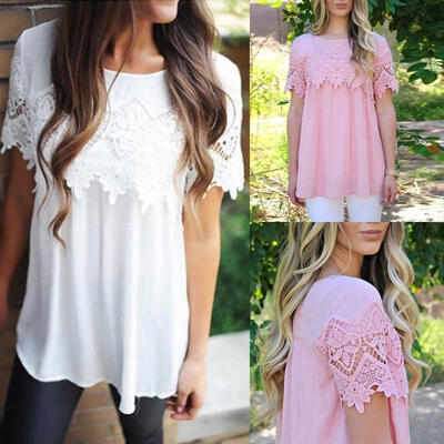 

Fashion Women Summer Loose Casual Ladies Short Sleeve Lace T Shirt Tops Blouse