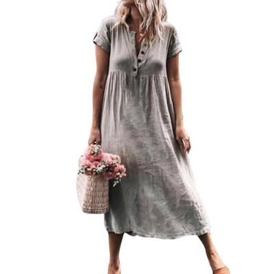 

Women Cotton Linen Long Dress Short Sleeve Casual Boho Kaftan Tunic Plus Size S-3XL