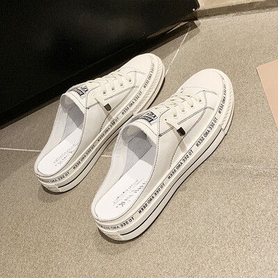 

Net red half slippers womens spring fashion wear 2019 summer Korean version of Joker flat leisure lazy Baotou white shoes