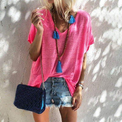 

Women Summer Plain Scoop Neck Short Sleeve Top T-shirt Linen Blouse Plus Size