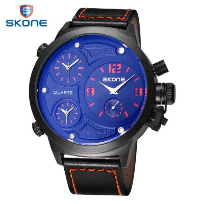 

SKONE Big Round Face 3 Time Zone Analog Quartz PU Leather Watches Men Fashion Casual Sports Army Military Wrist Watch