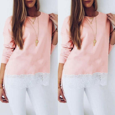 

New Women Ladies Girls Plain Lace Long Sleeve V -NECK T-Shirt Blouse Tops Shirts