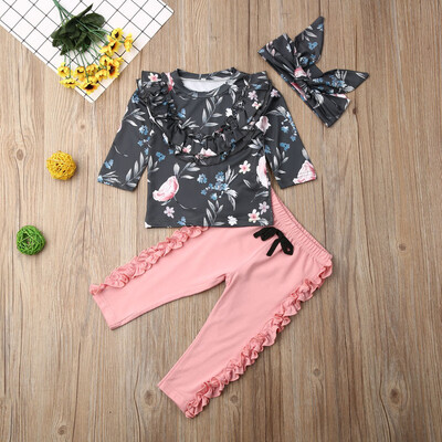 

Infant Baby Girl Ruffles Floral Kid Tops Trousers Headband Outfit Clothes Set