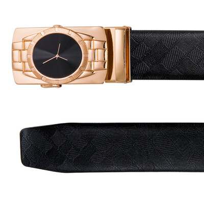 

New Fashion Mens Genuine Leather Black Belt Gold Automatic Buckle Belt Plus Size 110cm-160cm