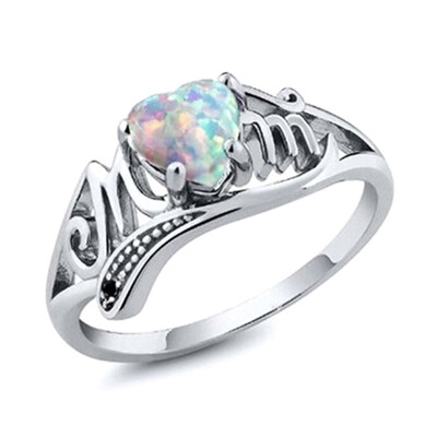 

New Vintage Heart Opal Birthstone Ring Selfless Mom Rings for Women Clear CZ Silver Fashion Bijoux Jewelry Gift Wholesale