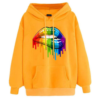 

Autumn Winter Fashion Casual Women Rainbow Candy colors Lip print Loose Hooded Long sleeve Sweatshirt