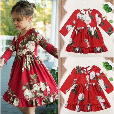 

2018 new fashion Summer Floral Toddler Kids Girls Long Sleeve Flower Party Dress Sundress Clothes 1-6Y