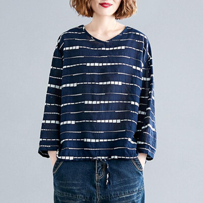 

Women Vintage Loose Blouse Printed Long Sleeves Drawstring Oversized Plus Size Cotton Linen Spring Autumn Casual Tops