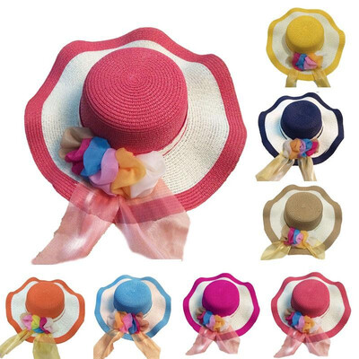 

New Summer Women Girl Straw Hat Wide Wave Brim Colorful Ribbon Floppy Foldable Sun Beach Hat