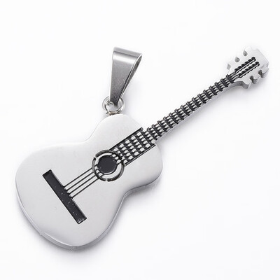 

304 Stainless Steel Big Pendants with Enamel Guitar Stainless Steel Color 50x19x2mm Hole 9x5mm