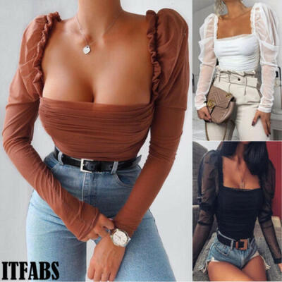 

Sexy Women Puff Sleeve Rompers Square Neck Ruched Blouse Slim Mesh Tops UK 6-14