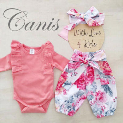 

Newborn Baby Girls Floral Pink Bodysuit Romper Pants Headband Outfit Set Clothes