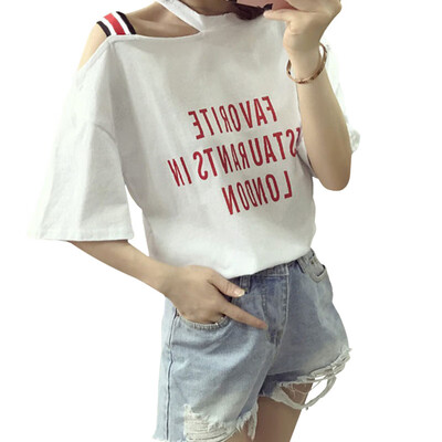 

Women sexy off shoulder Loose T Shirt Harajuku Korean Style Letter Printed Female white basic Tops Females T-Shirts