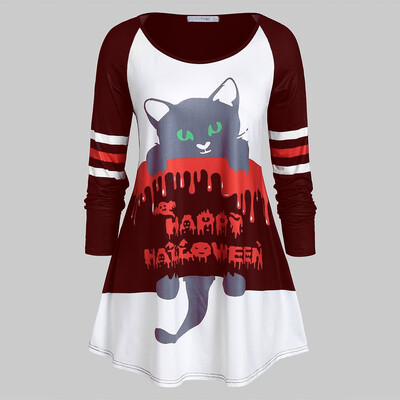 

Tailored Fashion Women Casual Loose Long Sleeve Halloween Cat Print O-Neck Tops