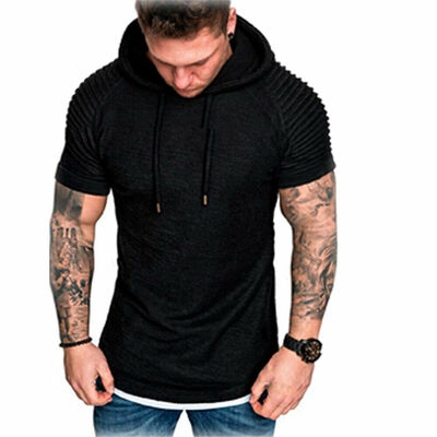 

Fashion Mens Slim Fit Solid hooded Hoodie Short Sleeve Casual T-Shirt Tops