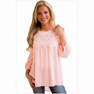 

Solid color lace round neck long sleeve lace crochet knit casual straight top