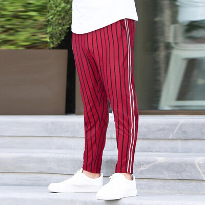 

Gobestart Fashion Men Casual Stripe Print Drawstring Elastic Waist Long Pants Trousers