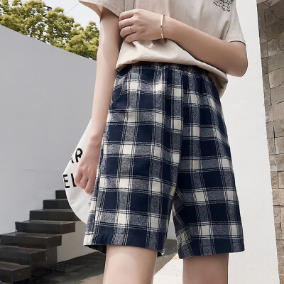 

Women Literary Summer Casual Slim Fit Stretch Elastic High Waist Loose Plaid Print Shorts брюки женские