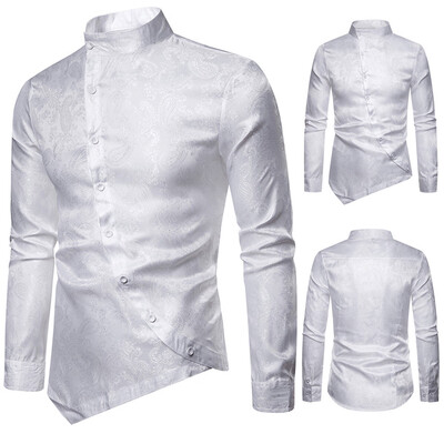 

Toponeto Men Inclined Button Cashew Flower Irregular Henry Collar High-Grade Iong-Sleeve