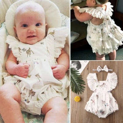 

UK Newborn Baby Girl Romper Lace Deer Jumpsuit Headband Christmas Outfit Clothes