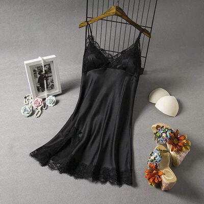 

Women Sexy Summer Sling Nightdress Lingerie Simulation Silk Lace Stitching Home Clothing