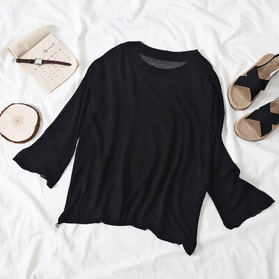 

Sexy Women T Shirt Summer Thin Round Neck Casual Knitting Tops Loose Sun Protection Summer Beach Tops Solid Female T-Shirt