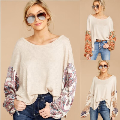 

2019 Europe&the United States spring new womens Amazon AliExpress printing stitching round neck long-sleeved casual T-shirt t