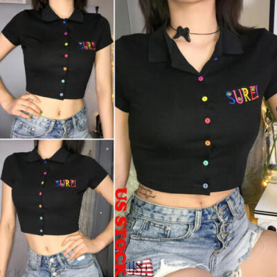 

US Women Sexy V-Neck Letter Print Vest Black Short Sleeve Rainbow Button Top