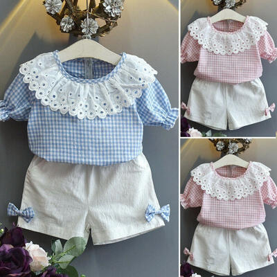 

2PCS Toddler Kids Baby Girl Outfits Lace Tops Bowknot Shorts Sweet Clothes Set