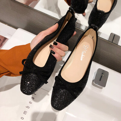 

Chic fairy wind bean shoes female spring&summer Korean square sequined bow shoes shoes