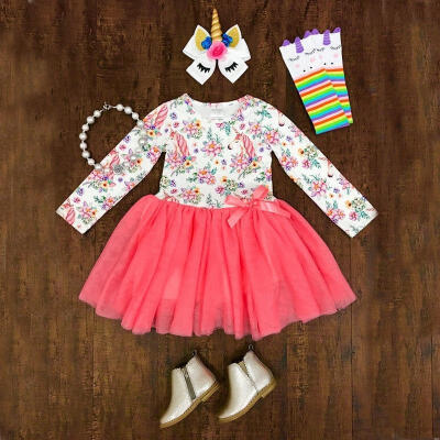 

Fashion Kids Newborn Baby Girls Unicorn Long Sleeve Tutu Lace Dress Skirt Bowknot Outfits