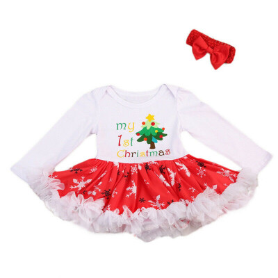 

Toddler Baby Girls My 1st Christmas Clothes Romper DressBowknot Headband Outfit