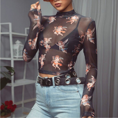 

Sexy Women High Neck Flower Transparent Mesh Sheer Crop Top Long Sleeve T-Shirt