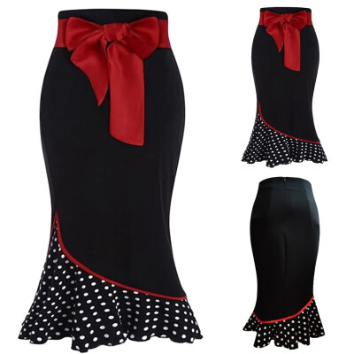 

Gobestart Womens Christmas Bow Belt Polka Dot Stitching Ruffle Fishtail Formal Skirt