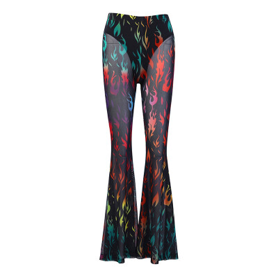 

Womens Trousers Color Printed Flame Perspective Slim Bell-bottoms Long Pants