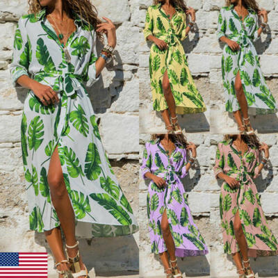 

Women Long Maxi Dress Floral Print Split Hem Long Sleeve Shirt Beach Dress Plus