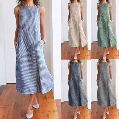 

Fashion Simple Sweet Women Casual Striped Sleeveless Dress Crew Neck Pocket Long Dress