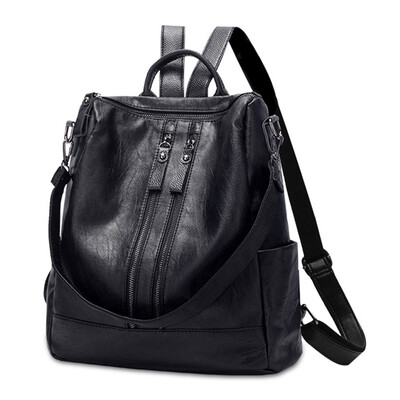 

High Quality PU Leather Black Backpacks Fashion Zippers School Bags For Teenager Girls Casual Female Backpacks