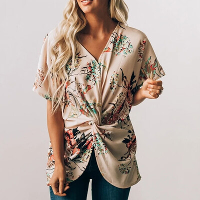 

Womens Casual Tops Short Sleeve V Neck Floral Printed Blouse Loose Shirts Tops