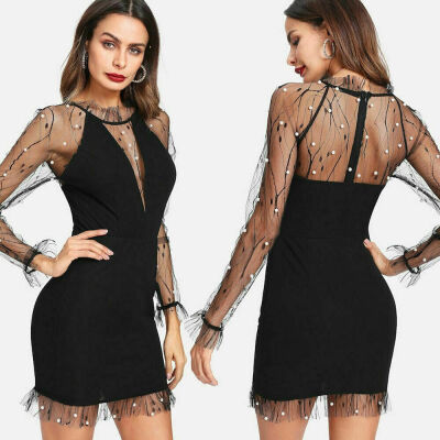 

Sexy Women Long Sleeve Pearl Mesh Bodycon Mini Dress Cocktail Party Clubwear USA