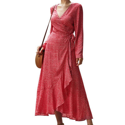 

Women Autumn Stylish Sweet Long Style Slim Fit V-collar Long Sleeve Concise Dress