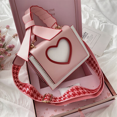 

New love bag female 2019 fashion wide shoulder strap shoulder slung fairy bag Lolita bow small square bag